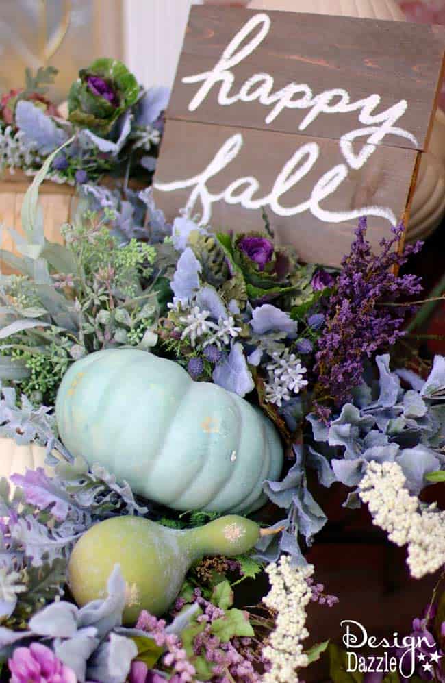 Fall pumpkin porch decor in plums, purples, blues and greens! Super cute DIY decorating ideas for 2018 fall! #fallfrontporch #frontdoordecoration #frontporchideas #fall || Design Dazzle