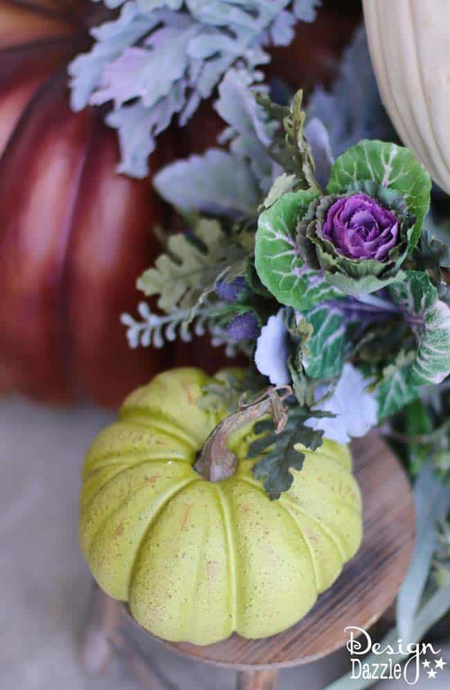 Fall pumpkin porch decor in plums, purples, blues and greens! Super cute DIY decorating ideas for 2018 fall! #fallfrontporch #frontdoordecoration #frontporchideas #fall || Design Dazzle