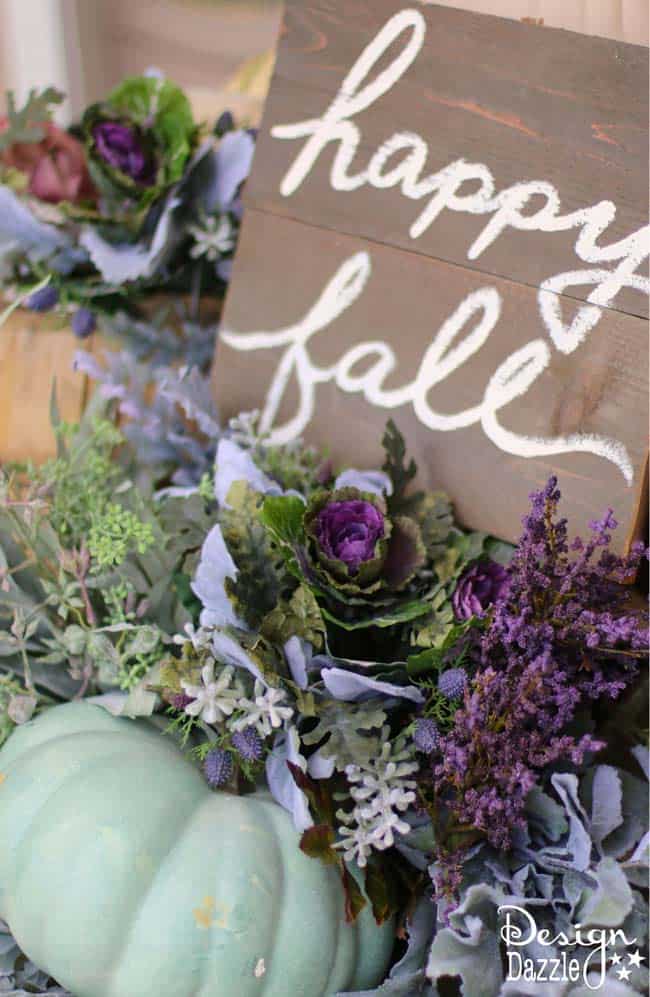 Fall pumpkin porch decor in plums, purples, blues and greens! Super cute DIY decorating ideas for 2018 fall! #fallfrontporch #frontdoordecoration #frontporchideas #fall || Design Dazzle