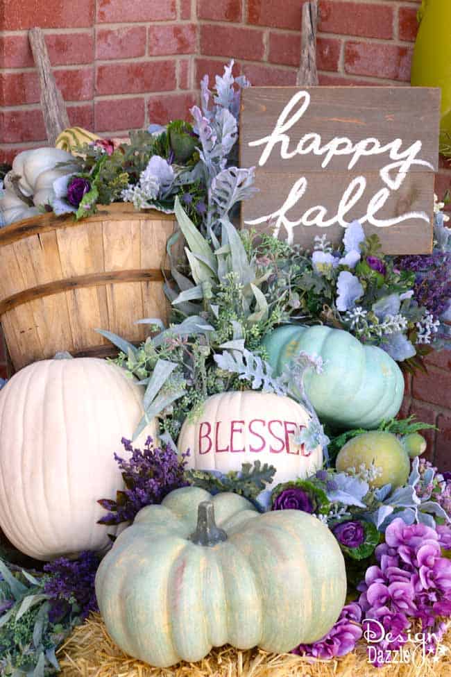 Fall pumpkin porch decor in plums, purples, blues and greens! Super cute DIY decorating ideas for 2018 fall! #fallfrontporch #frontdoordecoration #frontporchideas #fall || Design Dazzle