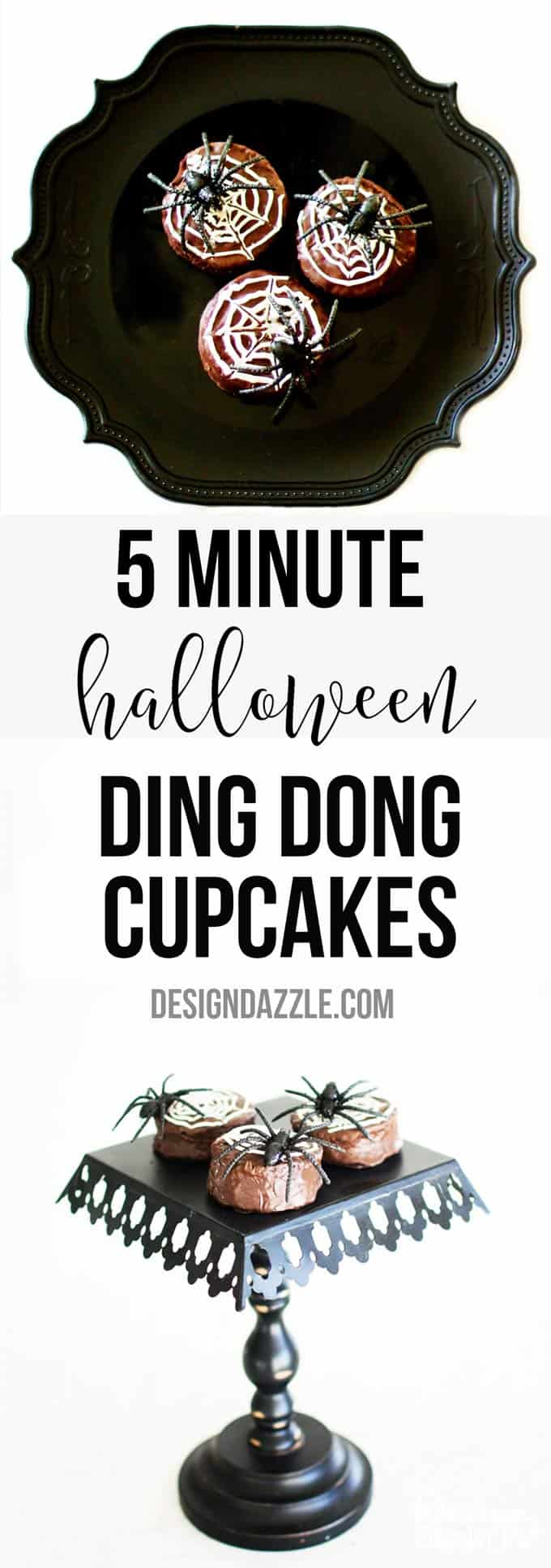 All you need are Ding Dong Cupcakes, white frosting, and a toothpick to create these Halloween cupcakes in under 5 minutes! | halloween dessert recipes | easy halloween treats | dessert recipes for halloween | simple halloween treat ideas || Design Dazzle 