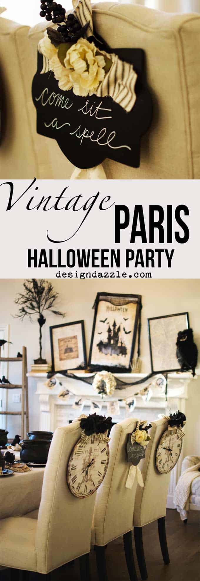 This post shows how I created my Halloween in Paris themed party with mostly things you can create yourself! | DIY halloween parties | halloween party ideas | halloween decorating tips | how to host a halloween party | halloween party themes | adult halloween parties | vintage halloween party | halloween decorating tips || Design Dazzle