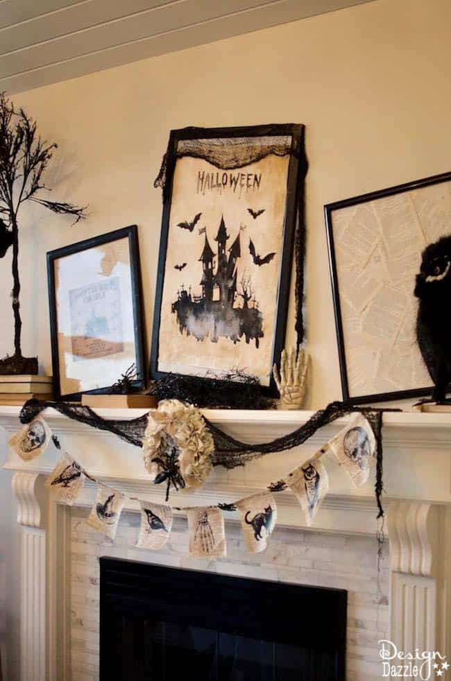 How to create a gorgeous Halloween mantel in under 5 minutes! Spooky DIY decoration ideas to turn your fireplace into a black and white masterpiece! #halloweendecorations #halloweencrafts