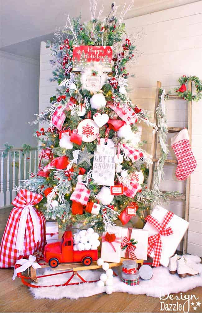 Mrs Claus Cottage Christmas Tree - hand painted ribbon, red and white cottage decor | Christmas tree decorating tips | Christmas tree decor | how to decorate a Christmas tree | Christmas tree designs | diy Christmas tree decor || Design Dazzle #christmastreedecor #christmastree #christmasdecor
