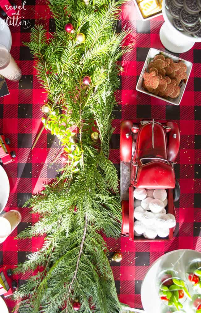 Create a Red Truck Christmas Party Table | Christmas tablescapes | Christmas table decor | Christmas kitchen decor | Christmas home decor | decorating for Christmas || Design Dazzle #christmastablescape #christmasdecor #christmastable