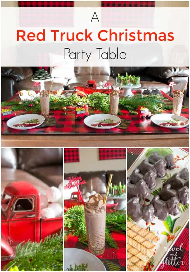 Create a Red Truck Christmas Party Table | Christmas tablescapes | Christmas table decor | Christmas kitchen decor | Christmas home decor | decorating for Christmas || Design Dazzle #christmastablescape #christmasdecor #christmastable