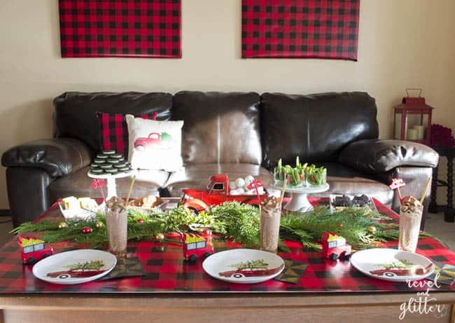 Create a Red Truck Christmas Party Table | Christmas tablescapes | Christmas table decor | Christmas kitchen decor | Christmas home decor | decorating for Christmas || Design Dazzle #christmastablescape #christmasdecor #christmastable