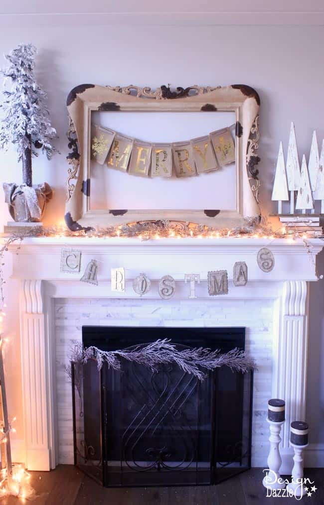 Gold Foil "Merry" banner by Design Dazzle Gold Foil "Merry" banner | Christmas home decor | Christmas diy | diy Christmas decor | Christmas mantel decor || Design Dazzle #christmasdecor