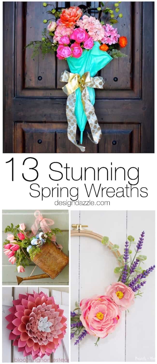 All 13 of these spectacular spring wreaths are simple to create, fun, creative, and will leave you with a gorgeous looking front door! | Design Dazzle