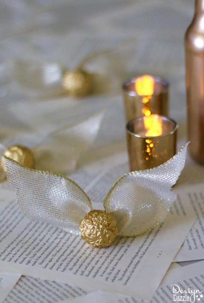 This gorgeous craft consists of anything and everything Harry Potter! Harry Potter Quidditch Bridal Shower Centerpiece complete with Golden Snitches. | Design Dazzle