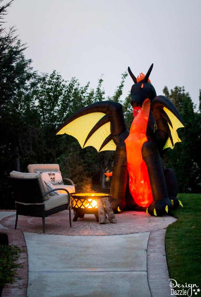 Home Depot's Halloween Style Challenge for my front porch! Fabulous DIY Halloween outdoor decor that includes a fire breathing dragon! #Halloween #halloweendecorations #frontporchideas || Design Dazzle 