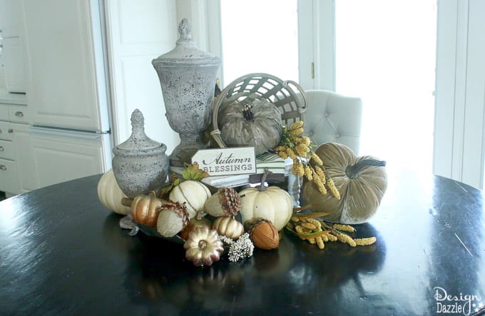 Fall is one of my favorite seasons to decorate. I’m sharing my go to DIY tutorial on creating a fall centerpiece with step-by-step photos here! These gorgeous farmhouse ideas are perfect for your home decor this fall season. #fall #falldecorideas #centerpiece #diyhomedecor #DIY || Design Dazzle