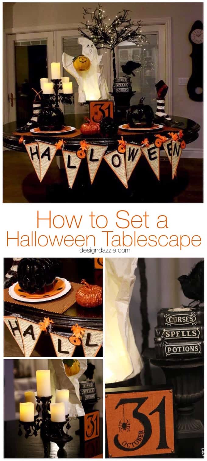 Having a cute Halloween tablescape is my favorite part of my Halloween decor! See how I used my kitchen table as the highlight of my decorations. | halloween decor ideas | decorating for halloween | halloween tablescape ideas || Design Dazzle #Halloweendecor 