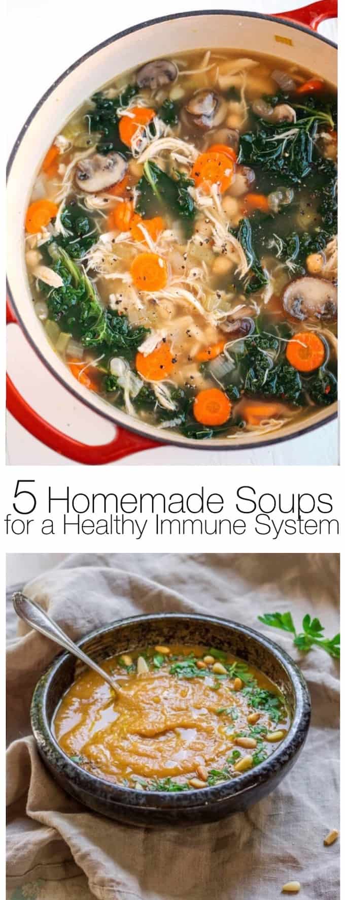 The 5 delicious homemade soups featured here include the best ingredients to fight the flu and encourage a healthy immune system! || Design Dazzle #healthysouprecipes #immuneboostingrecipes #healthyrecipes