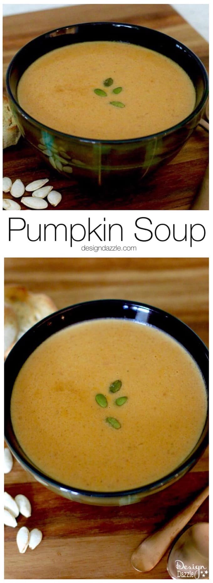 This pumpkin soup recipe is yummy and it freezes easily! It's the perfect meal for around the holidays! It's cozy, warm, fast, easy, and delicious. | homemade pumpkin recipes | fall soup recipes | pumpkin soup recipe | healthy soup recipe | fall recipe ideas || Design Dazzle #souprecipes #pumpkinsoup #pumpkinrecipe #fallrecipes 