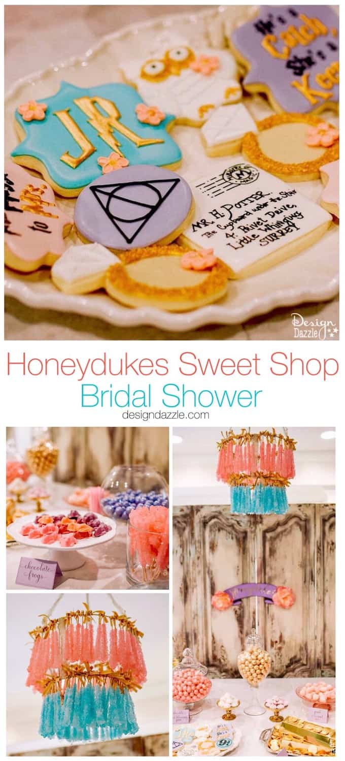 Harry Potter themed bridal shower idea complete with Honeydukes Sweet Shop, this party would also work perfect for a Birthday Party or Baby shower! | bridal shower ideas | bridal shower decorations | themed bridal shower ideas | harry potter themed parties | harry potter party decorations || Design Dazzle #bridalshower #harrypotter #themedparty #themedbridalshower