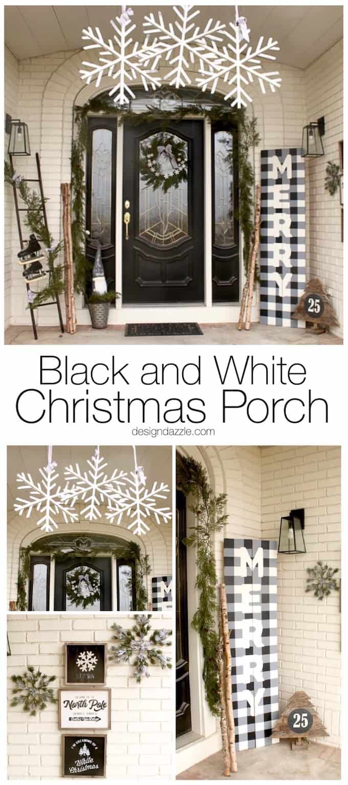 My black and white Christmas porch is a different twist on your typical Christmas porch decor and I think you'll love how it turned out! | holiday porch decor | outdoor decor for Christmas | Christmas porch decor | black and white holiday decor | black and white Christmas decor || Design Dazzle #christmasporch #holidayporch #outdoorchristmasdecoration 