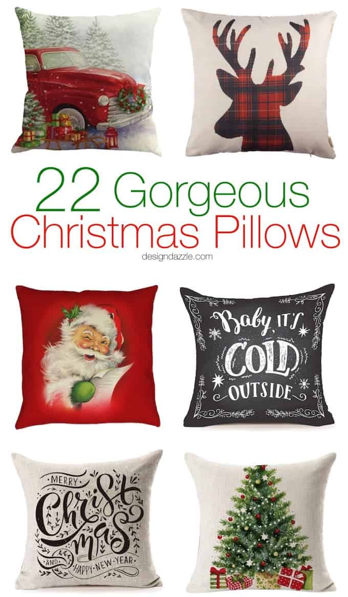 These 22 gorgeous Christmas pillows have a vintage vibe and are some of my very favorites that I have ever found. There isn't one pillow above $15! | christmas home decor | holiday home decor | christmas home decor ideas | living room christmas decor | easy christmas decor || Design Dazzle #christmasdecor #christmaspillow 