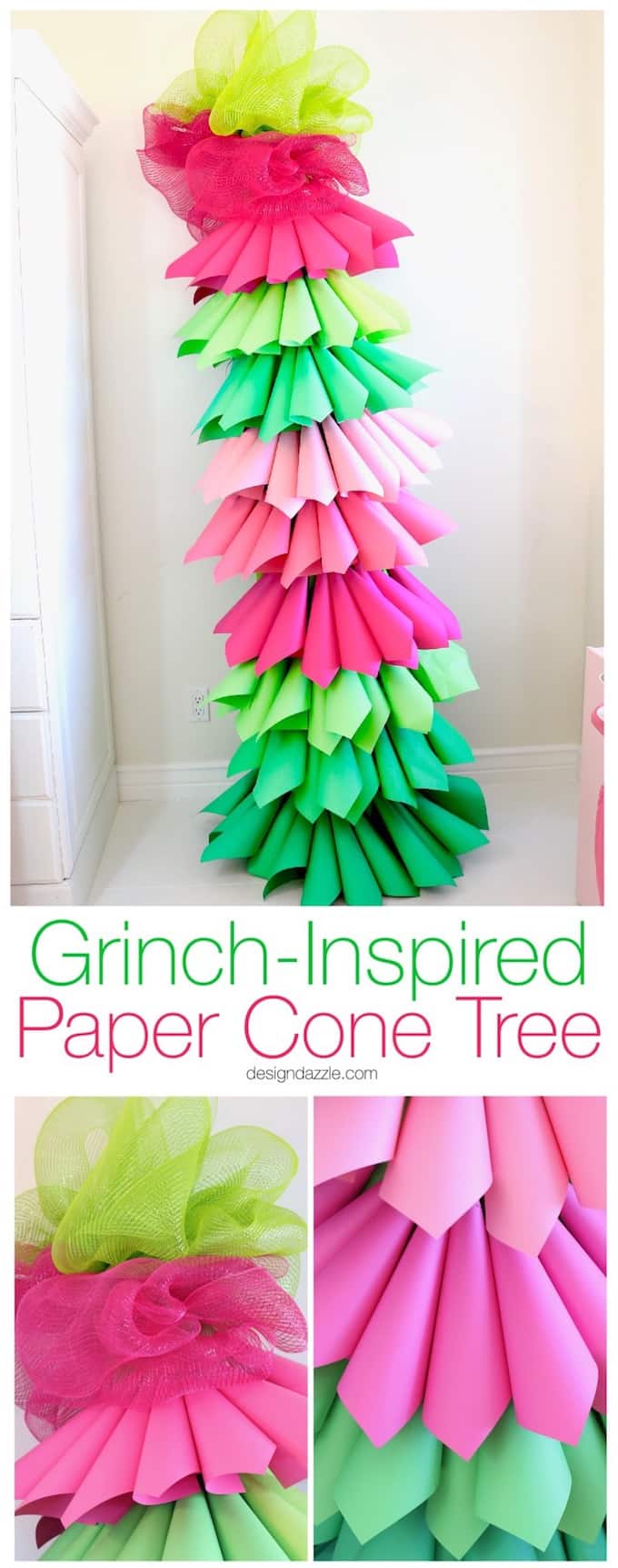 Design Dazzle shows you how to make a paper cone Christmas tree for the perfect Grinch party. Grinch Paper Cone Christmas Tree | grinch holiday decorations | grinch party decor | grinch inspired holiday party | diy grinch decor || Design Dazzle #grinchtree #grinchdecor #grinchparty