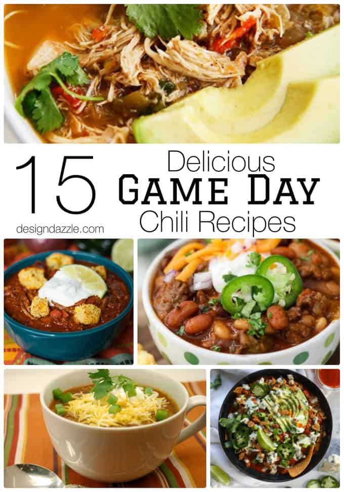 15 Delicious Game Day Chili Recipes perfect for the Superbowl! You need enough chili to feed a crowd and watch the big game! #footballfood #footballparty || Design Dazzle