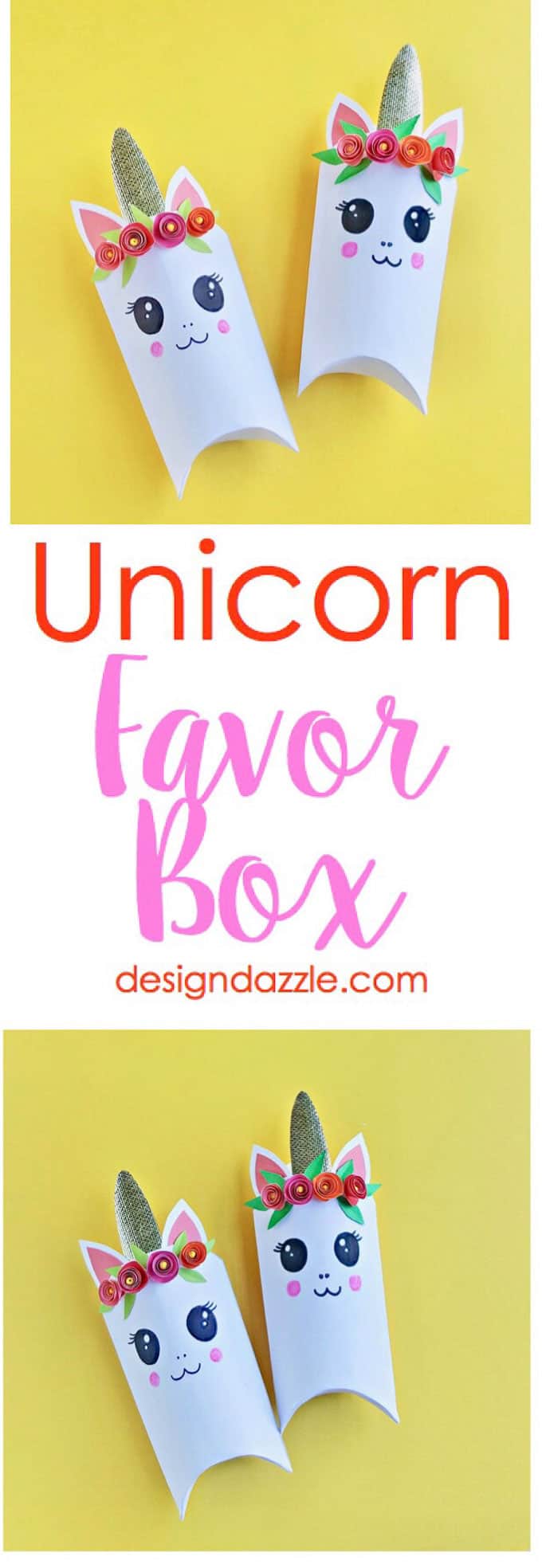 Unicorns are all the rage these days! Here is an adorable unicorn favor box and free template that will bring magic to every party | Design Dazzle