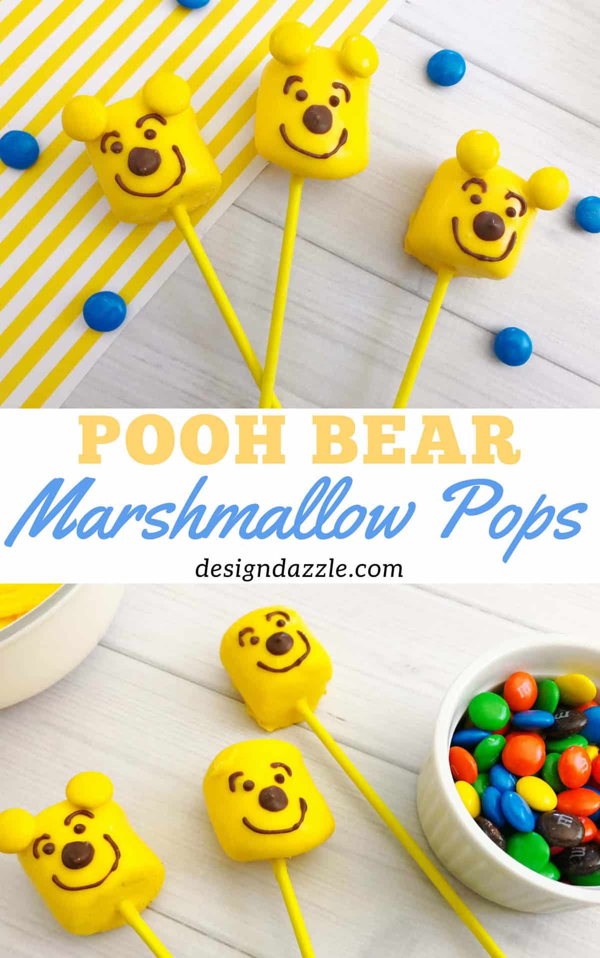 Make these Winnie the Pooh bear marshmallow pops in minutes! So easy and quick to make and super fun too! The kids will definitely enjoy making AND munching on them! | Design Dazzle