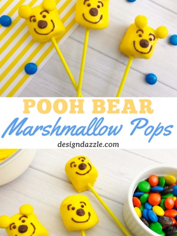 Make these pooh bear marshmallow pops in minutes! So easy and quick to make and super fun too! The kids will definitely enjoy making AND munching on them! - Design Dazzle