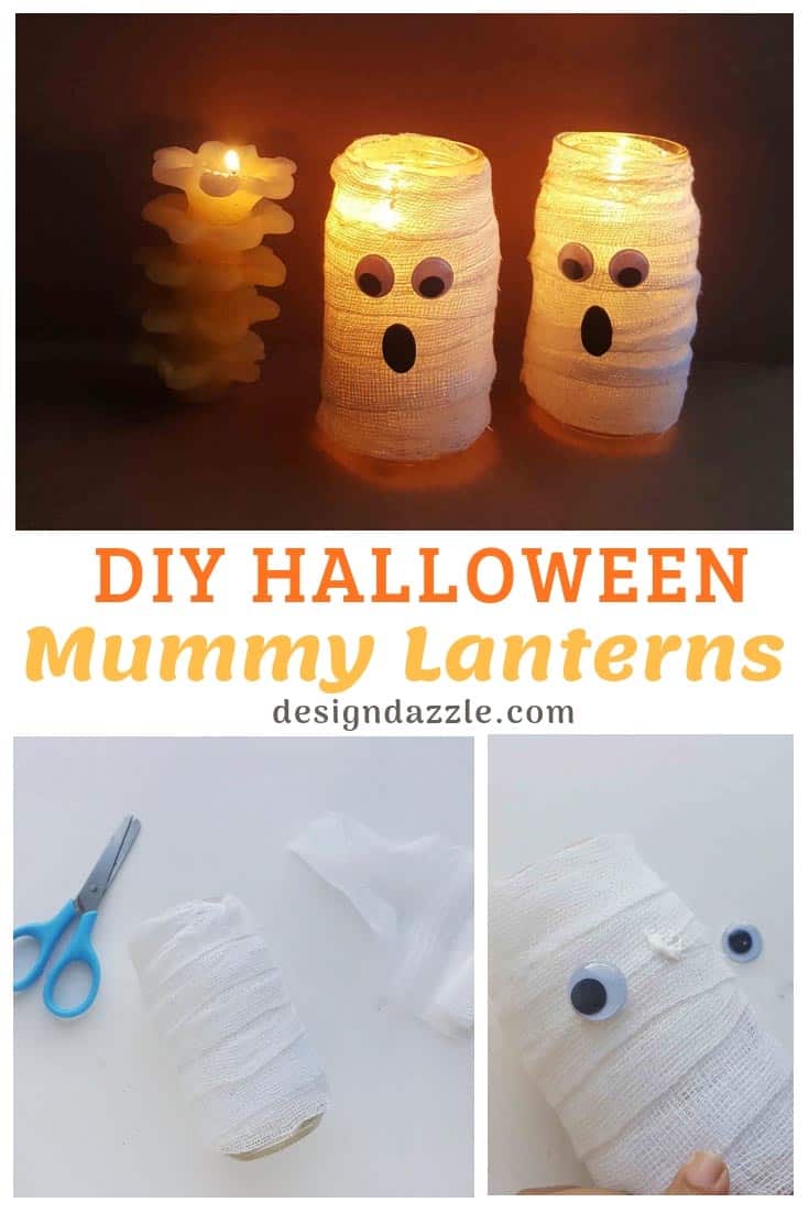 Spooky DIY Halloween Mummy Lanters! Great kids craft AND Halloween decoration idea! Perfect for your front porch! #diyhalloweendecorations #halloweencrafts #halloween || Design Dazzle