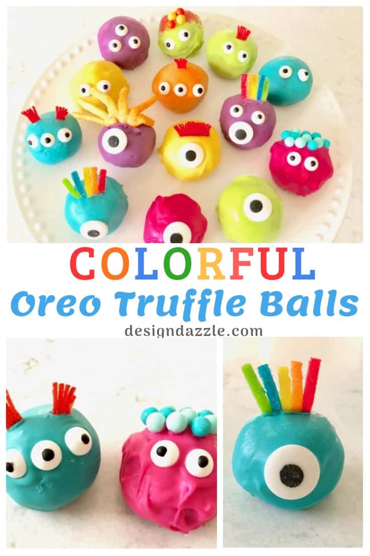 TWO ingredients and then dipped the Oreo Truffle balls in melted candy and you've got some VERY CUTE colorful monster Oreo truffle balls! - Design Dazzle