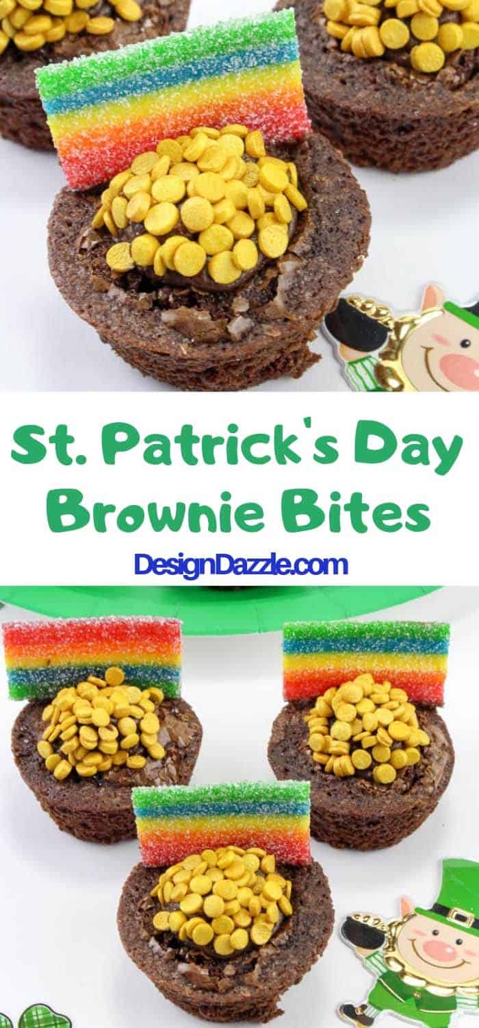 St. Patrick's Day Brownie Bites to find the pot o' gold at the end of the rainbow! Easy treats that kids will love to eat and make! The perfect St. Patty's dessert! #stpattys || Design Dazzle