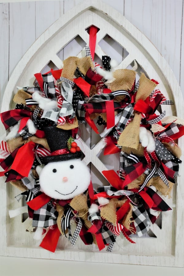 Winter Burlap and Buffalo check fabric rag wreath