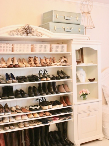 Repurposed entertainment center to shoe storage cabinet