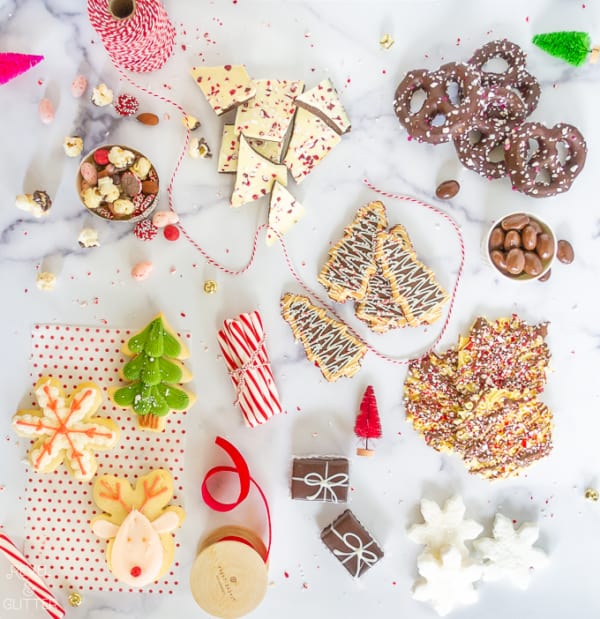 How to create a holiday cookie box with store-bought treats; flatlay of goodies