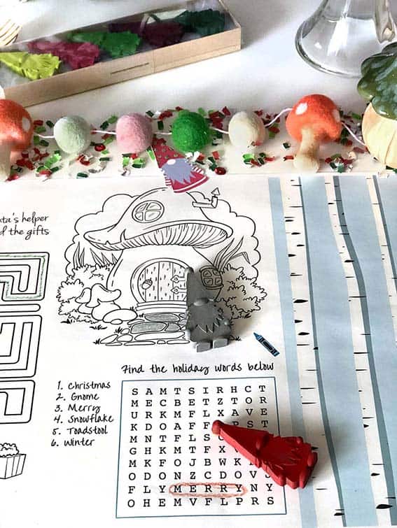 gnome shaped crayons and holiday placemat
