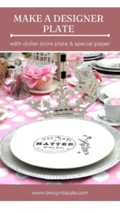 There is nothing more fun then achieving a high-end designer look using dollar store items! Dollar plates and special paper makes for a designer plate! #crafts #DIY #DIYcrafts #dollarstorecrafts