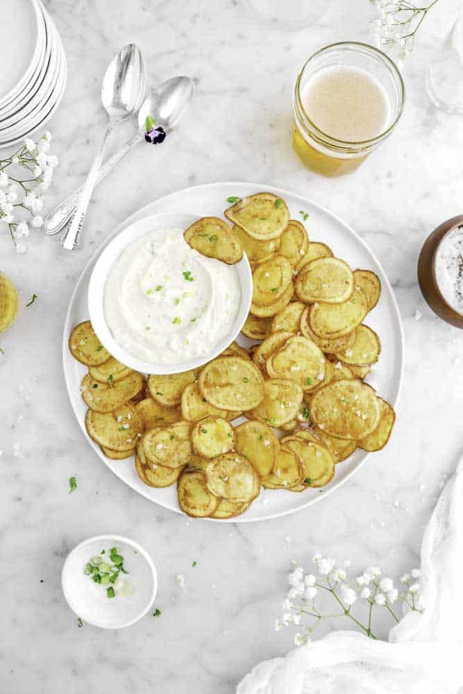 olive oil potato chips with sour cream onion dip
