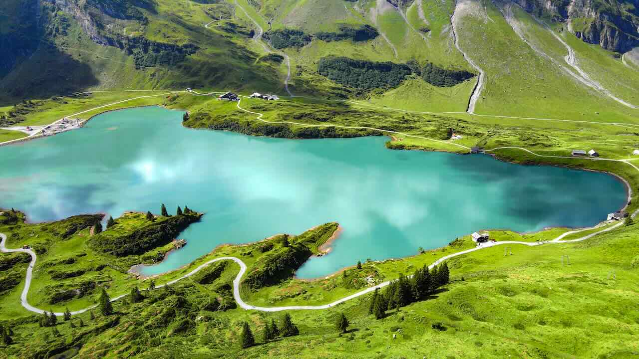 The beautiful mountain lake in the Swiss Alps aerial view on Mount Titlis. Day trip from Lucerne