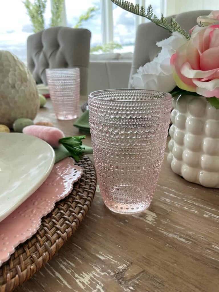 Pink hobnail glassware for Easter table setting