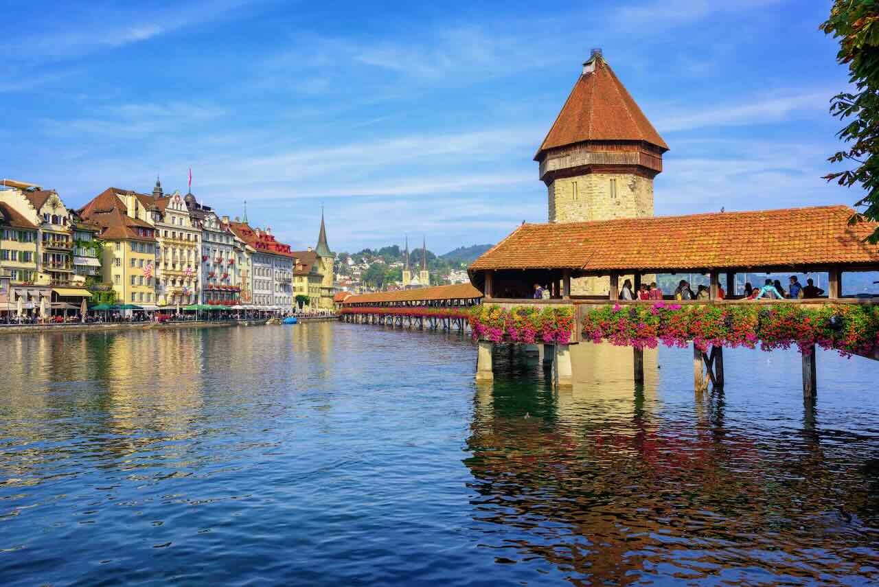 Wooden Chapel bridge in Lucerne old town, Switzerland